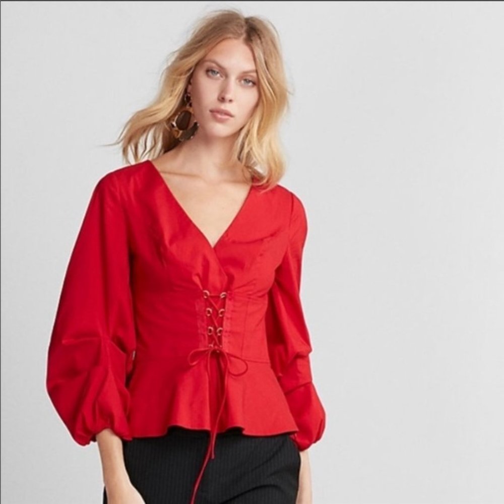 Express Red Volume Sleeve Corset Front Blouse Top